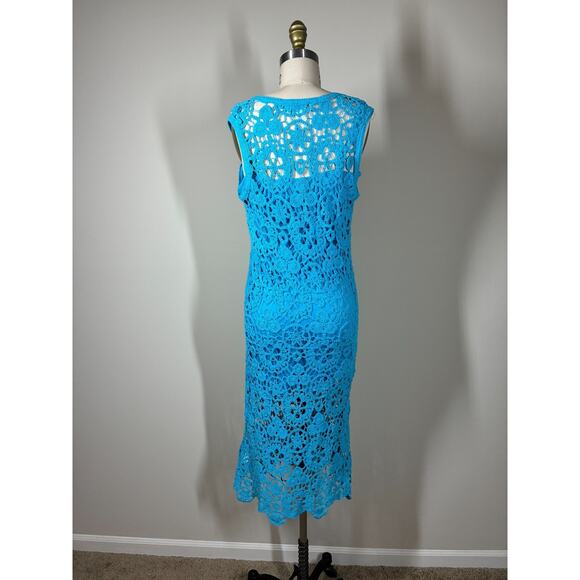 House of Harlow Blue Lace Open Knit Midi Bodycon Dress XS Lined Crochet Colorful - Picture 9 of 16